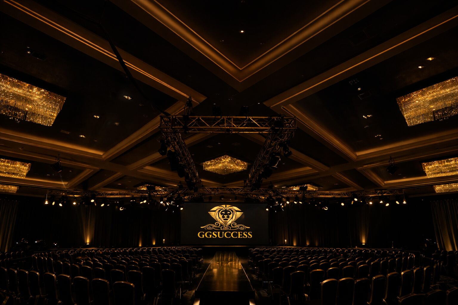 Opulent gold ballroom event design for a high-end corporate gala featuring custom lighting and architectural decor.