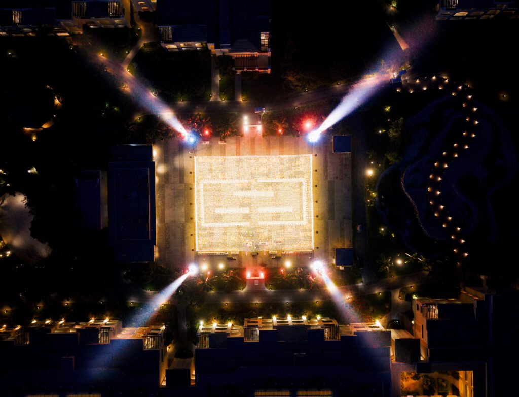 Overhead view of an event dance floor surrounded by lighting rigs and spotlights