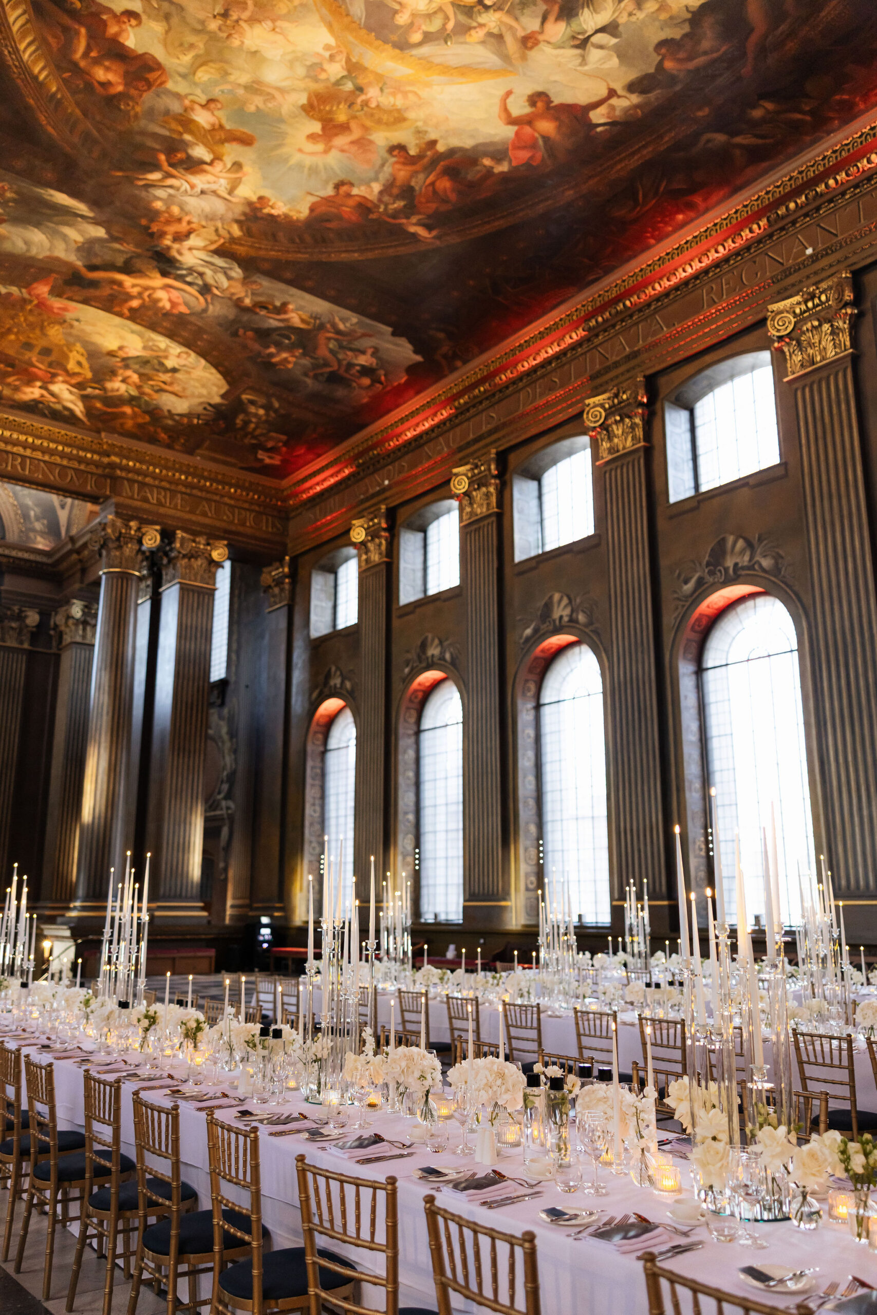 Historic London reception room prepared for a luxury wedding production