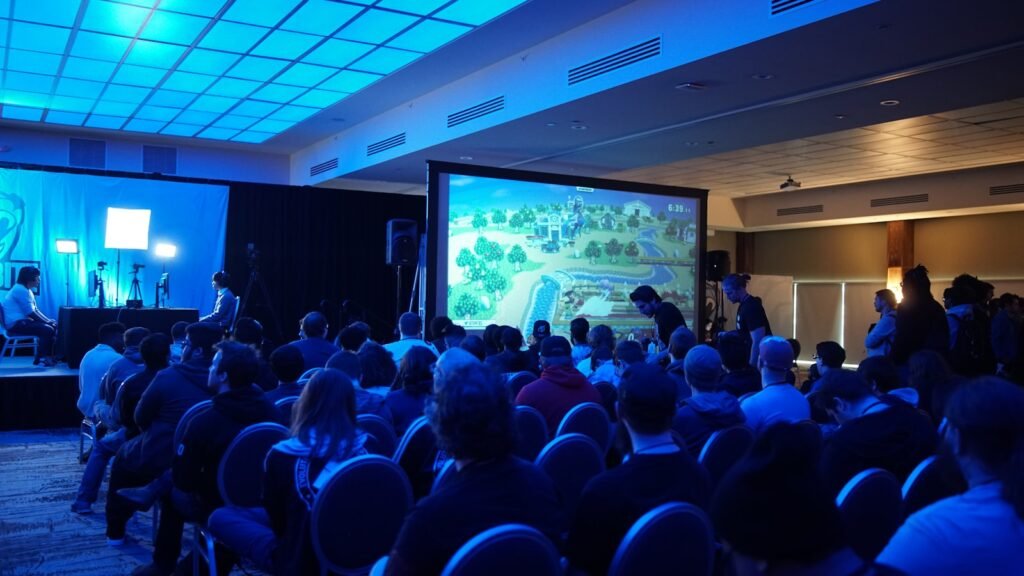Conference guests watching a presentation in a room with blue stage lighting